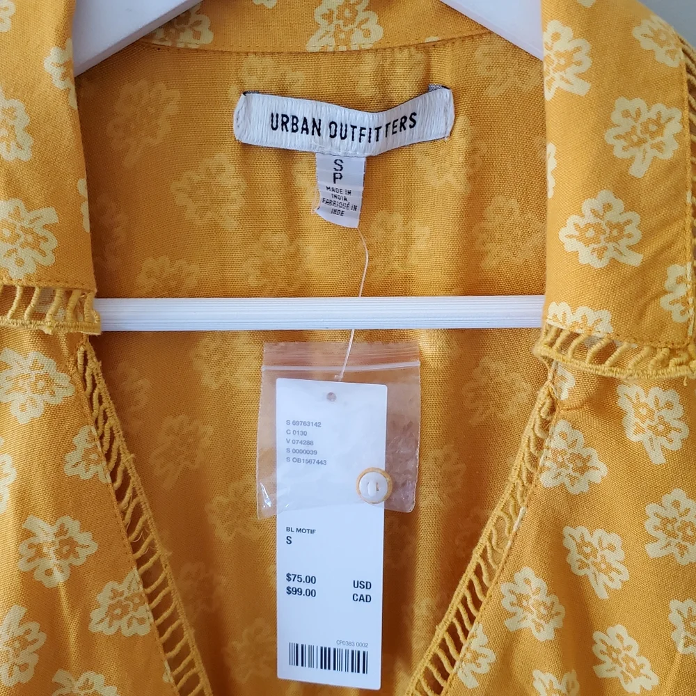 NWT Urban Outfitters S Mustard Yellow Floral Prarie Cottagecore Mini Dress - Picture 5 of 10